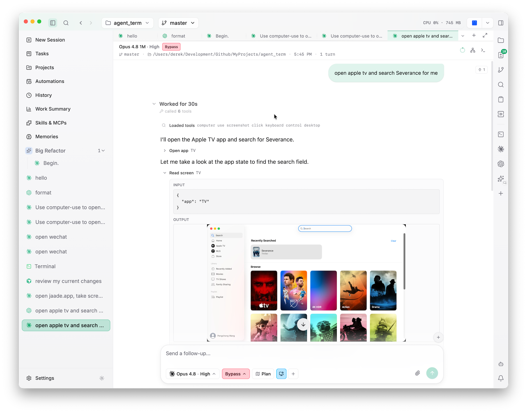 A computer-use session reading an app's UI and driving it.