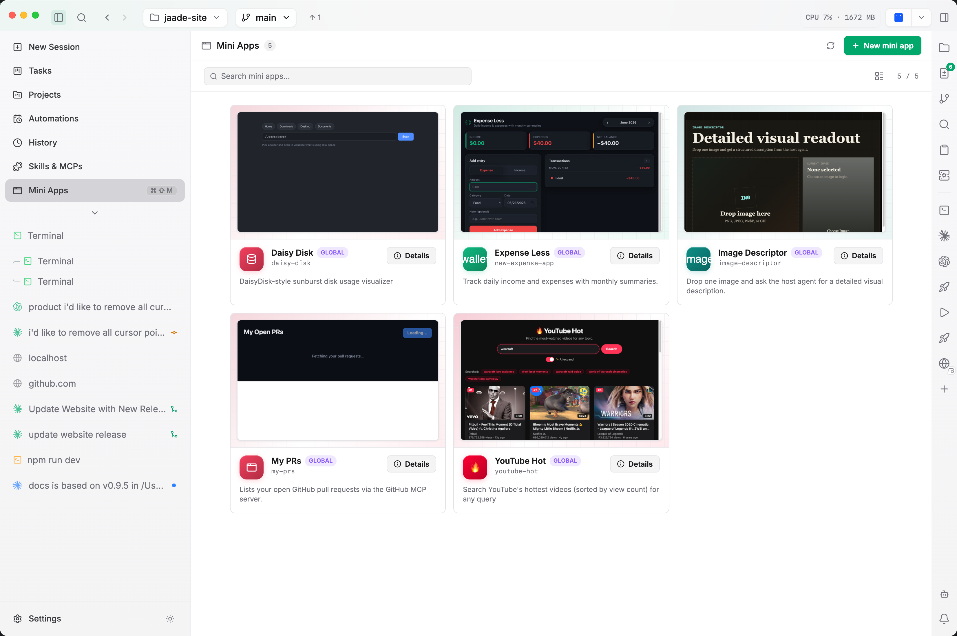 The Mini Apps gallery with preview cards and a detail pane.