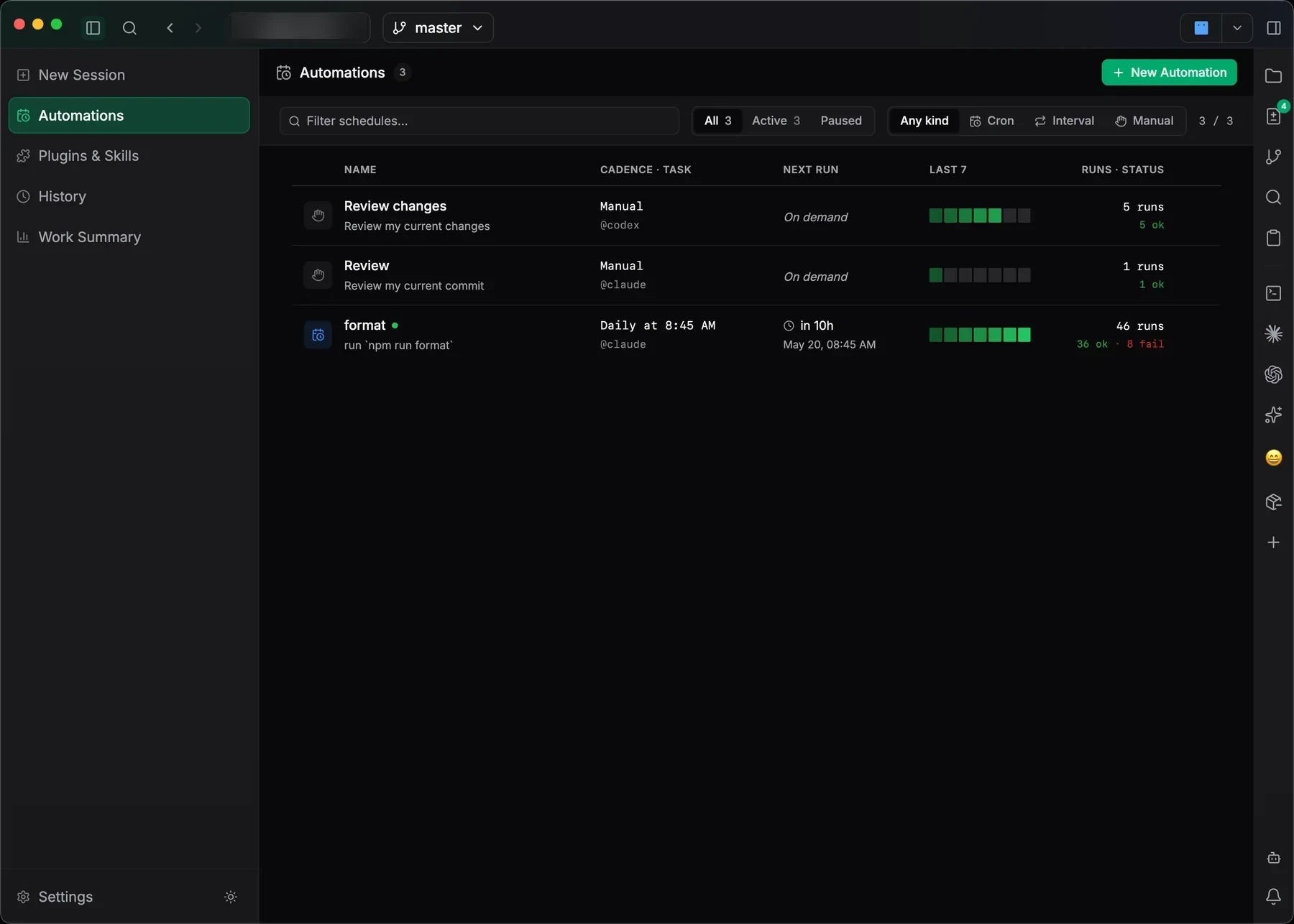 Jaade automations table with manual, cron, and interval filters, next run, last-seven health blocks, run counts, and new automation action