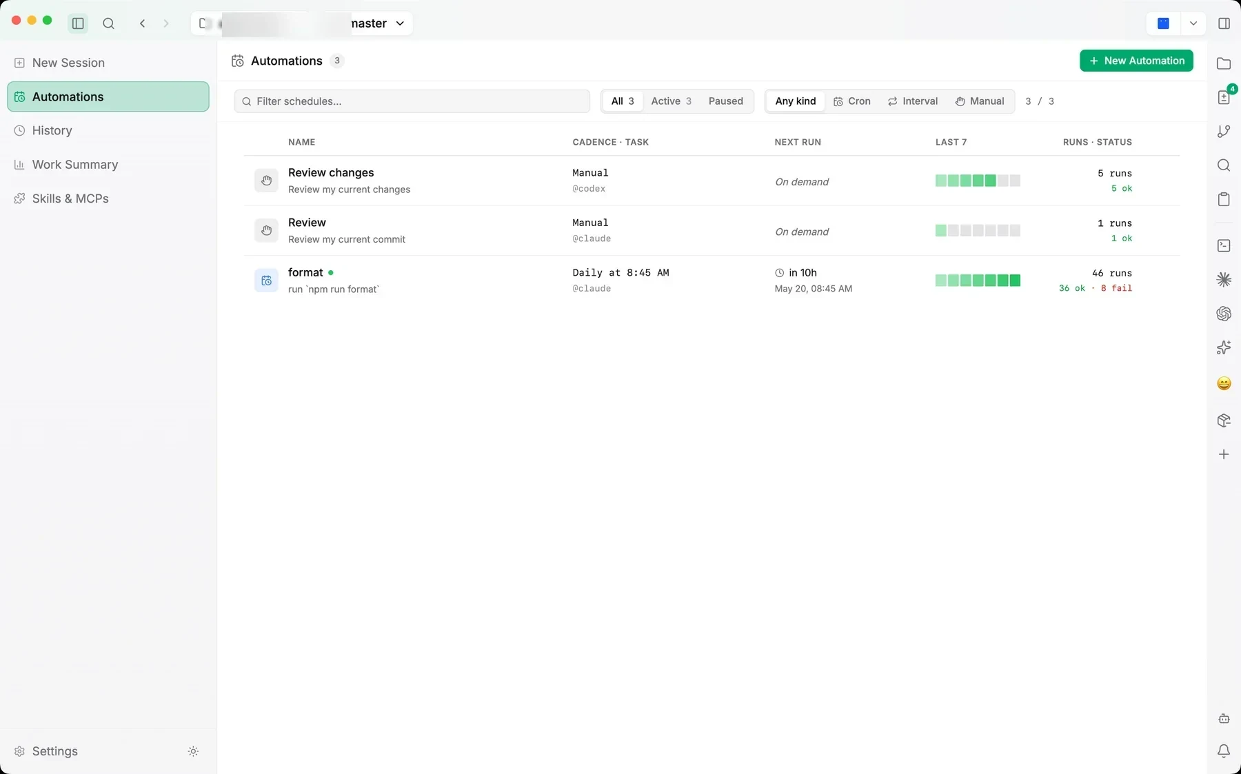 Jaade automations table with manual, cron, and interval filters, next run, last-seven health blocks, run counts, and new automation action