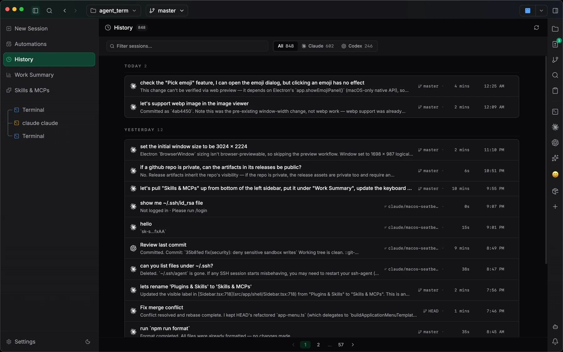 Jaade history screen with searchable session rows, agent filters, metadata, and hover preview