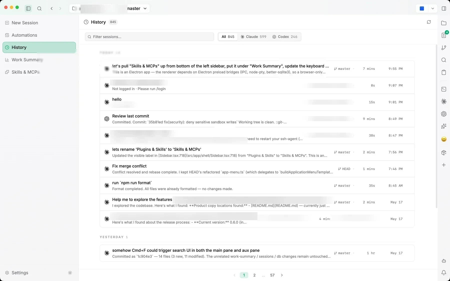 Jaade history screen with searchable session rows, agent filters, metadata, and hover preview