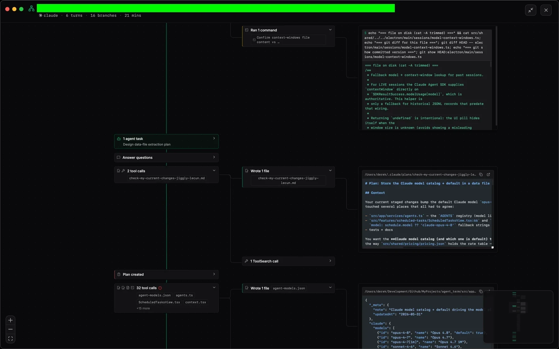 Jaade session overview canvas mapping a run into branching nodes for turns, tool calls, commands, file reads, and agent tasks, with expandable output panels and a minimap
