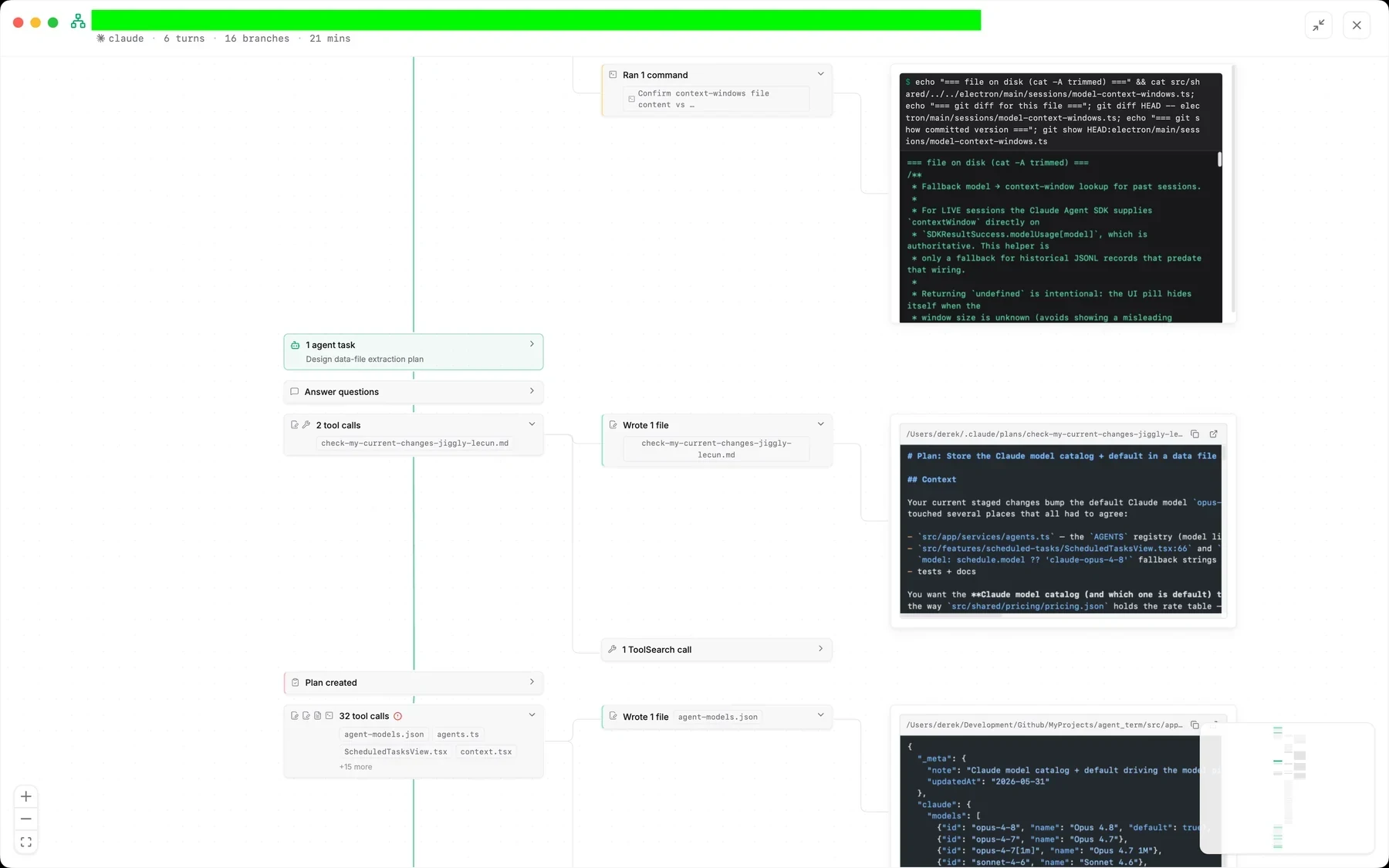 Jaade session overview canvas mapping a run into branching nodes for turns, tool calls, commands, file reads, and agent tasks, with expandable output panels and a minimap