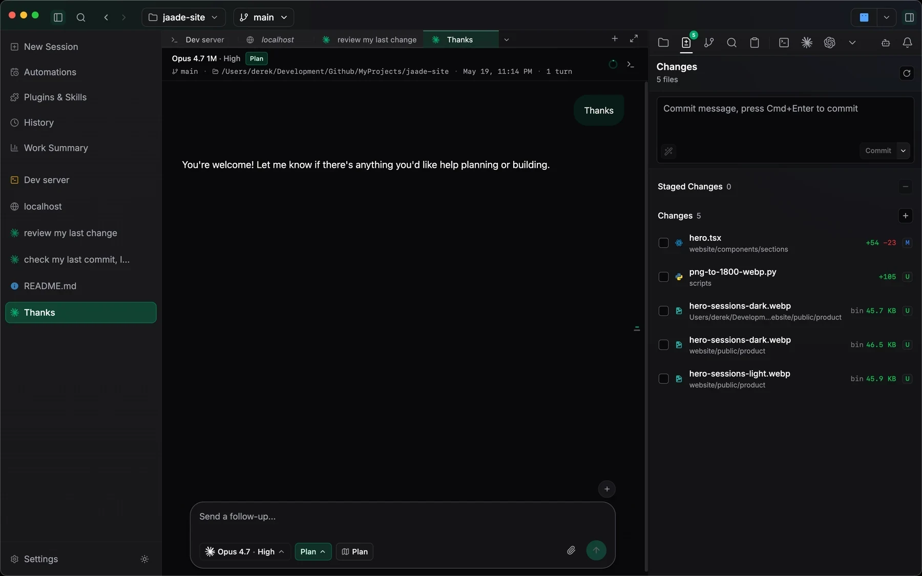 Jaade active session with left navigation, session tabs, command bar, and a right Changes pane showing commit controls and changed files